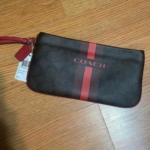COACH F66463 Signature Brown & True Red Varsity Stripe Corner Zip Large Wallet